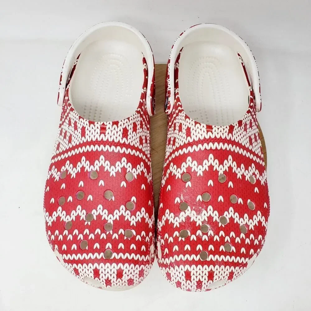 Crocs Holiday Clog Shoes Mens 12 Red White Knit‎ Ugly Christmas Sweater